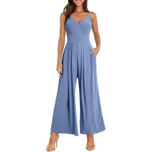 imageANRABESS Jumpsuits for Women 2026 Summer Dressy Spaghetti Strap Ribbed V Neck Wide Leg Overalls Flowy Romper Jumpers OutfitsDusty Blue