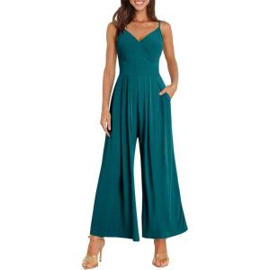 imageANRABESS Jumpsuits for Women 2026 Summer Dressy Spaghetti Strap Ribbed V Neck Wide Leg Overalls Flowy Romper Jumpers OutfitsLake Blue