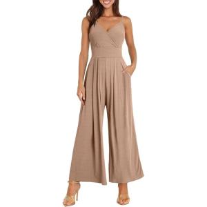 imageANRABESS Jumpsuits for Women 2026 Summer Dressy Spaghetti Strap Ribbed V Neck Wide Leg Overalls Flowy Romper Jumpers OutfitsLight Brown
