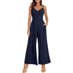 imageANRABESS Jumpsuits for Women 2026 Summer Dressy Spaghetti Strap Ribbed V Neck Wide Leg Overalls Flowy Romper Jumpers OutfitsNavy Blue