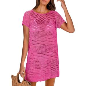 imageANRABESS Swimsuit Cover Up for Women 2026 Crochet Bathing Suit Swimwear Mesh Knit Beach Dress Summer Vacation Outfit ClothesHot Pink