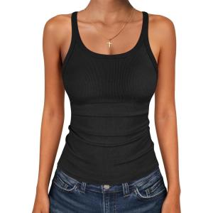 imageANRABESS Tank Top for Womens Summer 2026 Scoop Neck Sleeveless Ribbed Knit Workout Basic Tees Slim Fitted Cami ShirtsBlack