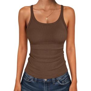 imageANRABESS Tank Top for Womens Summer 2026 Scoop Neck Sleeveless Ribbed Knit Workout Basic Tees Slim Fitted Cami ShirtsCamel