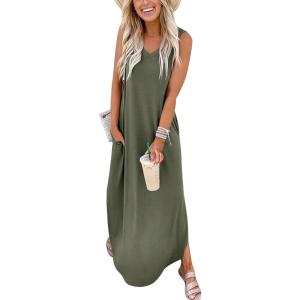imageANRABESS Women Maxi Dress Summer Casual Sleeveless V Neck Sundress Coverups Beach Vacation Clothes with PocketsOlive