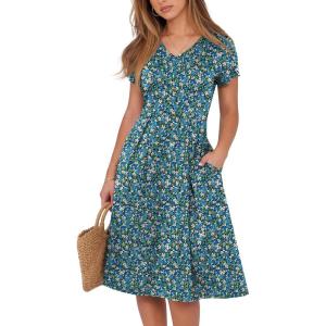 imageANRABESS Women Summer Dress Casual Short Sleeve V Neck ALine Knee Length Pleated Flowy 2025 Fashion Midi Dresses with PocketBlack Blue Floral