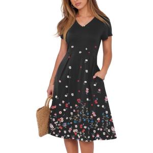imageANRABESS Women Summer Dress Casual Short Sleeve V Neck ALine Knee Length Pleated Flowy 2025 Fashion Midi Dresses with PocketBlack Floral