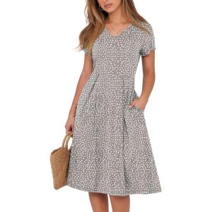 imageANRABESS Women Summer Dress Casual Short Sleeve V Neck ALine Knee Length Pleated Flowy 2025 Fashion Midi Dresses with PocketKhaki Polka Dot