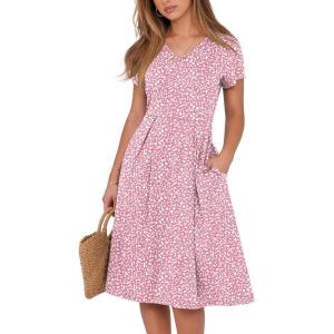 imageANRABESS Women Summer Dress Casual Short Sleeve V Neck ALine Knee Length Pleated Flowy 2025 Fashion Midi Dresses with PocketPink White Dot