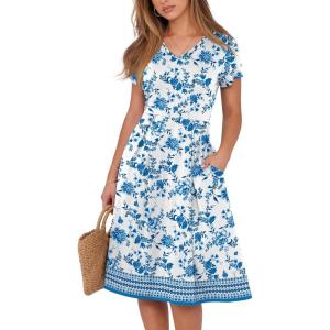 imageANRABESS Women Summer Dress Casual Short Sleeve V Neck ALine Knee Length Pleated Flowy 2025 Fashion Midi Dresses with PocketWhite Floral