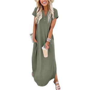 imageANRABESS Women Summer Maxi Dress Casual Short Sleeve V Neck Button Up Loose Split Travel Dresses 2026 Beach Vacation SundressArmy Green