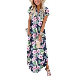 imageANRABESS Women Summer Maxi Dress Casual Short Sleeve V Neck Button Up Loose Split Travel Dresses 2026 Beach Vacation SundressGreen Pink Floral