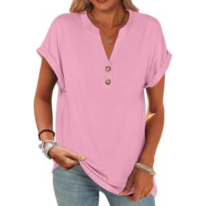 imageANRABESS Womens Short Sleeve Henley Tops V Neck Dressy Casual Blouses Summer Trendy Tee Shirts 2025 Vacation Fashion ClothesPink