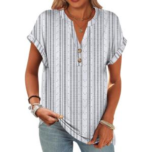 imageANRABESS Womens Short Sleeve Henley Tops V Neck Dressy Casual Blouses Summer Trendy Tee Shirts 2025 Vacation Fashion ClothesWhite Grey Strip