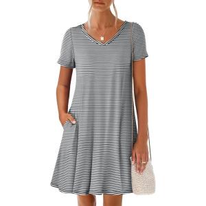 imageANRABESS Womens Summer T Shirt Dress Casual V Neck Short Sleeve Floral Boho Flowy Mini Dresses 2026 Beach Vacation ClothesBlack White Stripe