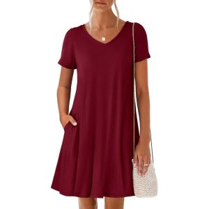 imageANRABESS Womens Summer T Shirt Dress Casual V Neck Short Sleeve Floral Boho Flowy Mini Dresses 2026 Beach Vacation ClothesWine Red