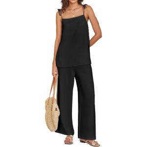imageANRABESS 2 Piece Sets for Women Summer Lounge Matching Set Spaghetti Strap Top Wide Leg Pants Vacation Beach Travel OutfitsBlack