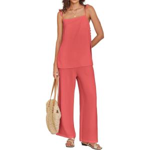 imageANRABESS 2 Piece Sets for Women Summer Lounge Matching Set Spaghetti Strap Top Wide Leg Pants Vacation Beach Travel OutfitsOrange Red