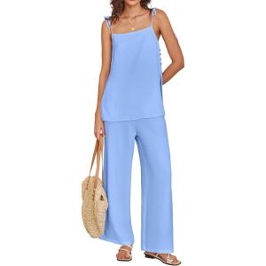 imageANRABESS 2 Piece Sets for Women Summer Lounge Matching Set Spaghetti Strap Top Wide Leg Pants Vacation Beach Travel OutfitsSky Blue