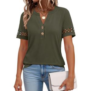 imageANRABESS Womens Short Sleeve Tops Henley V Neck Dressy Casual Blouses 2026 Summer Trendy Tee Shirts Work Business OutfitsArmy Green