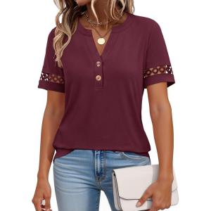 imageANRABESS Womens Short Sleeve Tops Henley V Neck Dressy Casual Blouses 2026 Summer Trendy Tee Shirts Work Business OutfitsBurgundy Red