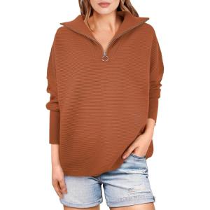 imageANRABESS Women Quarter Zip Oversized Casual Loose Rib Knit Cozy Pullover Sweaters Top 2025 Fall Fashion Outfits ClothesBrick  Orange Rust
