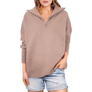 imageANRABESS Women Quarter Zip Oversized Casual Loose Rib Knit Cozy Pullover Sweaters Top 2025 Fall Fashion Outfits ClothesKhaki  Peach Brown