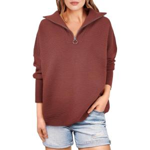 imageANRABESS Women Quarter Zip Oversized Casual Loose Rib Knit Cozy Pullover Sweaters Top 2025 Fall Fashion Outfits ClothesRust