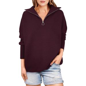 imageANRABESS Women Quarter Zip Oversized Casual Loose Rib Knit Cozy Pullover Sweaters Top 2025 Fall Fashion Outfits ClothesWine Red