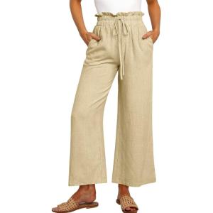 imageANRABESS Women Linen Pants Casual Loose High Waist Boho Wide Leg Cropped Palazzo Beach Pants Summer Outfits 2026 TrendyApricot