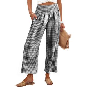 imageANRABESS Women Striped Gingham Wide Leg Palazzo Pants Casual Lounge Cropped PJ Bottoms Comfy Cute Plaid Pants with PocketsBlack White Plaid