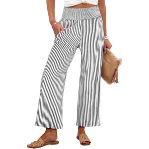 imageANRABESS Women Striped Gingham Wide Leg Palazzo Pants Casual Lounge Cropped PJ Bottoms Comfy Cute Plaid Pants with PocketsBlack White Stripe