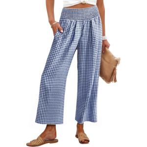 imageANRABESS Women Striped Gingham Wide Leg Palazzo Pants Casual Lounge Cropped PJ Bottoms Comfy Cute Plaid Pants with PocketsBlue White Plaid