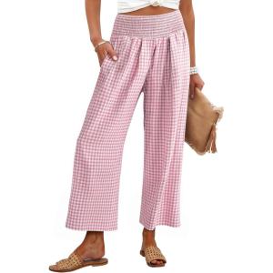 imageANRABESS Women Striped Gingham Wide Leg Palazzo Pants Casual Lounge Cropped PJ Bottoms Comfy Cute Plaid Pants with PocketsPink White Plaid