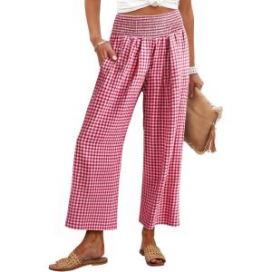 imageANRABESS Women Striped Gingham Wide Leg Palazzo Pants Casual Lounge Cropped PJ Bottoms Comfy Cute Plaid Pants with PocketsRed White Plaid