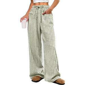 imageANRABESS Womens Striped Gingham Pants 2025 Pajama Drawstring Wide Leg Lounge Plaid Pants Cute Casual Trousers with PocketsArmy Green White Plaid