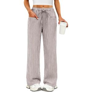 imageANRABESS Womens Striped Gingham Pants 2025 Pajama Drawstring Wide Leg Lounge Plaid Pants Cute Casual Trousers with PocketsBrown White Stripe