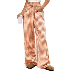 imageANRABESS Womens Striped Gingham Pants 2025 Pajama Drawstring Wide Leg Lounge Plaid Pants Cute Casual Trousers with PocketsOrange White Plaid
