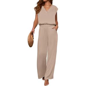imageANRABESS 2 Piece Sets for Women Lounge Outfits Summer V Neck Cap Sleeve Top Wide Leg Pants Vacation Beach Travel SetApricot
