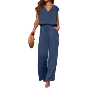 imageANRABESS 2 Piece Sets for Women Lounge Outfits Summer V Neck Cap Sleeve Top Wide Leg Pants Vacation Beach Travel SetDeep Blue