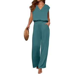 imageANRABESS 2 Piece Sets for Women Lounge Outfits Summer V Neck Cap Sleeve Top Wide Leg Pants Vacation Beach Travel SetLake