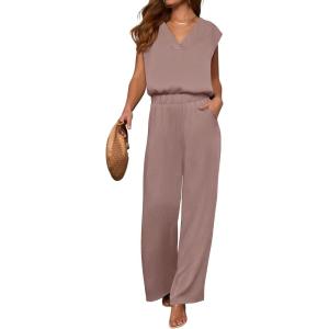 imageANRABESS 2 Piece Sets for Women Lounge Outfits Summer V Neck Cap Sleeve Top Wide Leg Pants Vacation Beach Travel SetLight Camel