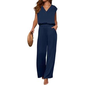 imageANRABESS 2 Piece Sets for Women Lounge Outfits Summer V Neck Cap Sleeve Top Wide Leg Pants Vacation Beach Travel SetNavy Blue