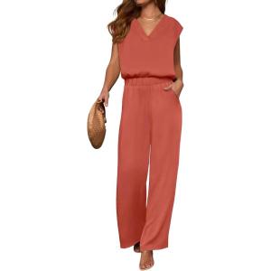 imageANRABESS 2 Piece Sets for Women Lounge Outfits Summer V Neck Cap Sleeve Top Wide Leg Pants Vacation Beach Travel SetOrange Red