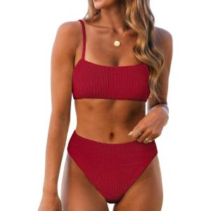 imageANRABESS High Waisted Bikini Sets for Women Tummy Control 2 Piece Swimsuits Ribbed Textured Bathing Suits Beach SwimwearRed