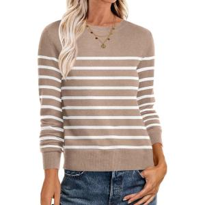 imageANRABESS Sweaters for Women Long Sleeve Lightweight Crewneck Soft Basic Knit Loose Fit Pullover Top 2025 Fall Trendy OutfitsKhaki White