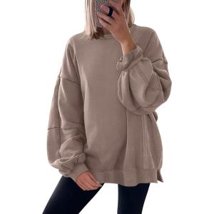 imageANRABESS Women Oversized Long Sleeve Sweatshirts Crewneck Side Slit Loose Teen Girl Pullover Top 2026 Fall Y2K Trendy OutfitsKhaki