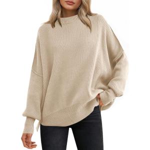 imageANRABESS Women Oversized Sweaters Batwing Long Sleeve 2026 Fall Outfits Crewneck Casual Knit Side Slit Fashion Pullover TopApricot