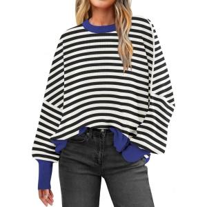 imageANRABESS Women Oversized Sweaters Batwing Long Sleeve 2026 Fall Outfits Crewneck Casual Knit Side Slit Fashion Pullover TopBlack White