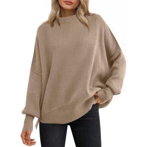 imageANRABESS Women Oversized Sweaters Batwing Long Sleeve 2026 Fall Outfits Crewneck Casual Knit Side Slit Fashion Pullover TopBright Tan
