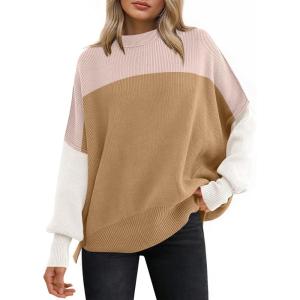 imageANRABESS Women Oversized Sweaters Batwing Long Sleeve 2026 Fall Outfits Crewneck Casual Knit Side Slit Fashion Pullover TopColorblock Pink